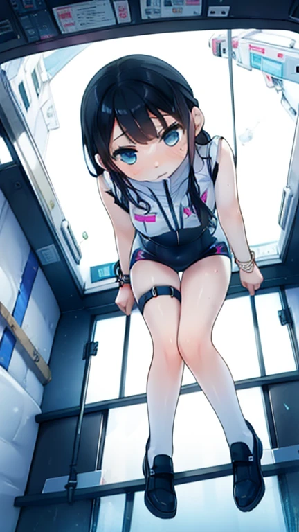 (Highest quality), (masterpiece), 1080P, High resolution, 4K, 8k, Inside the space station、Futuristic room、Thigh straps, Shooting from directly below, The woman on top of me, Nipples, 白いSweat, Covered , Sweat, Woman looking down, Skirt swimsuit, Thigh-high socks, To achieve this, s old, , whole body, Black leather shoes, Braided hair, Inner Color, Embarrassed face, Short black hair, bracelet, Bedroom,celestial body_Vest