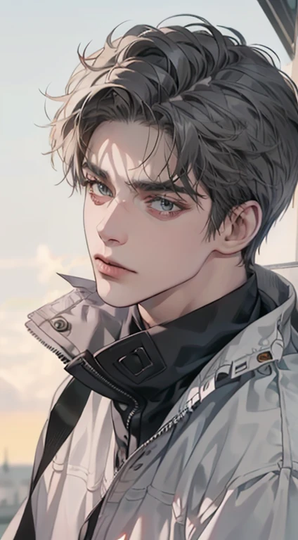 masterpiece, best quality, realistic, 1man, mature male, quiet and charming  man, 35 years old, close his eyes, serious, closed mouth, extremely detailed face, cold, ((dark grey blue eyes)), ((short-right-swept dark grey hair)), [thick eyebrows], ((hunter)), accurate, detailed, ((town))