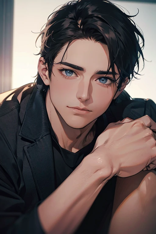 (Best Quality,4k,8k,high resolution,Masterpiece:1.2),ultra detailed,(realist,photorealist,photo-realist:1.37),1 man,31 years,mature man,very handsome,without expresion,muscled body,short gray black hair,Blue eyes,glare,perfect face without mistakes,imposing posture,businessman,office background,cinematic lighting,imagen HDR