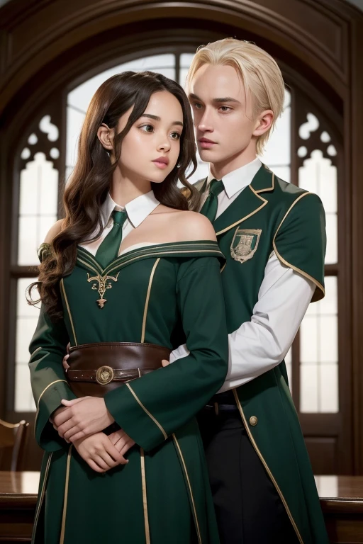 A girl with slightly brown skin mixed with white, somewhat Asian eyes, wavy and straight mixed brown hair and shoulder length, in a Slytherin uniform, and together with Draco Malfoy at his side, and Draco is looking at her with a passionate look.