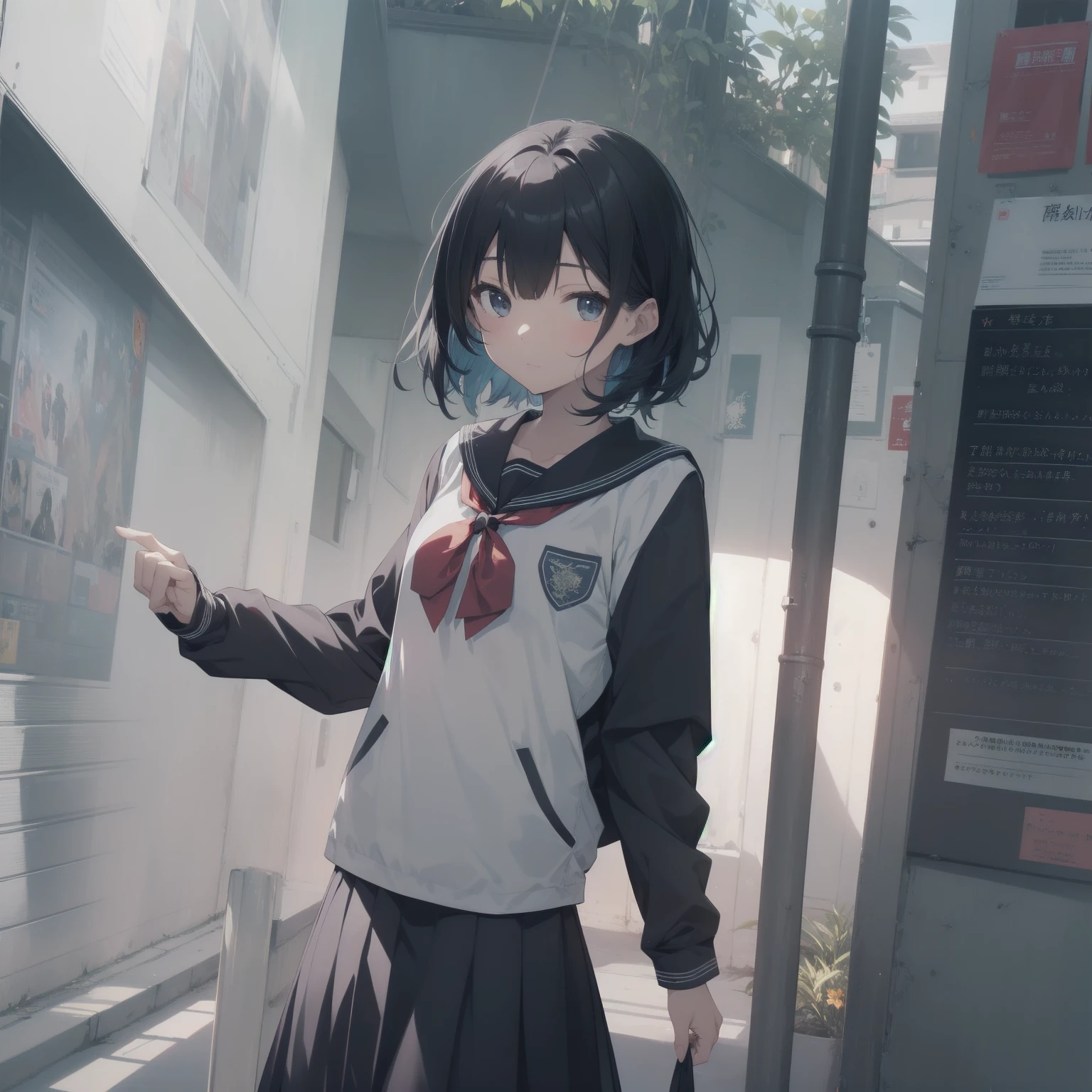 ultra-absurdres-Top quality by artist God, ultra-detailed, high resolution, anime moe artstyle, best anime 8k konachan wallpaper, pixiv contest winner, pool:2810, perfect anatomy,break, 1girl, (Please draw a girl walking sleepily to school alone. )break,(Solo,little female, 13-year-old:1.3),Full limbs, complete fingers,a junior high school student, (very short hair), short cut, flat chest, , small butt, small black eyes, beautiful detailed eyes, well-proportioned iris and pupils, expressive eyes, highres detailed hair, soft expression, salor school_uniform, sailor collar, serahuku, bow, pleated skirt,(Detailed Lighting), (Detailed background), in the School commute route. break,super detailed skin, Best cinematic lighting powered by famous artist, 8k,beauty illustration,photoshop_(medium),very aesthetic,break,((artist:fujima_takuya )), artist:clamp ,artist:carnelian ,artist:kantoku ,