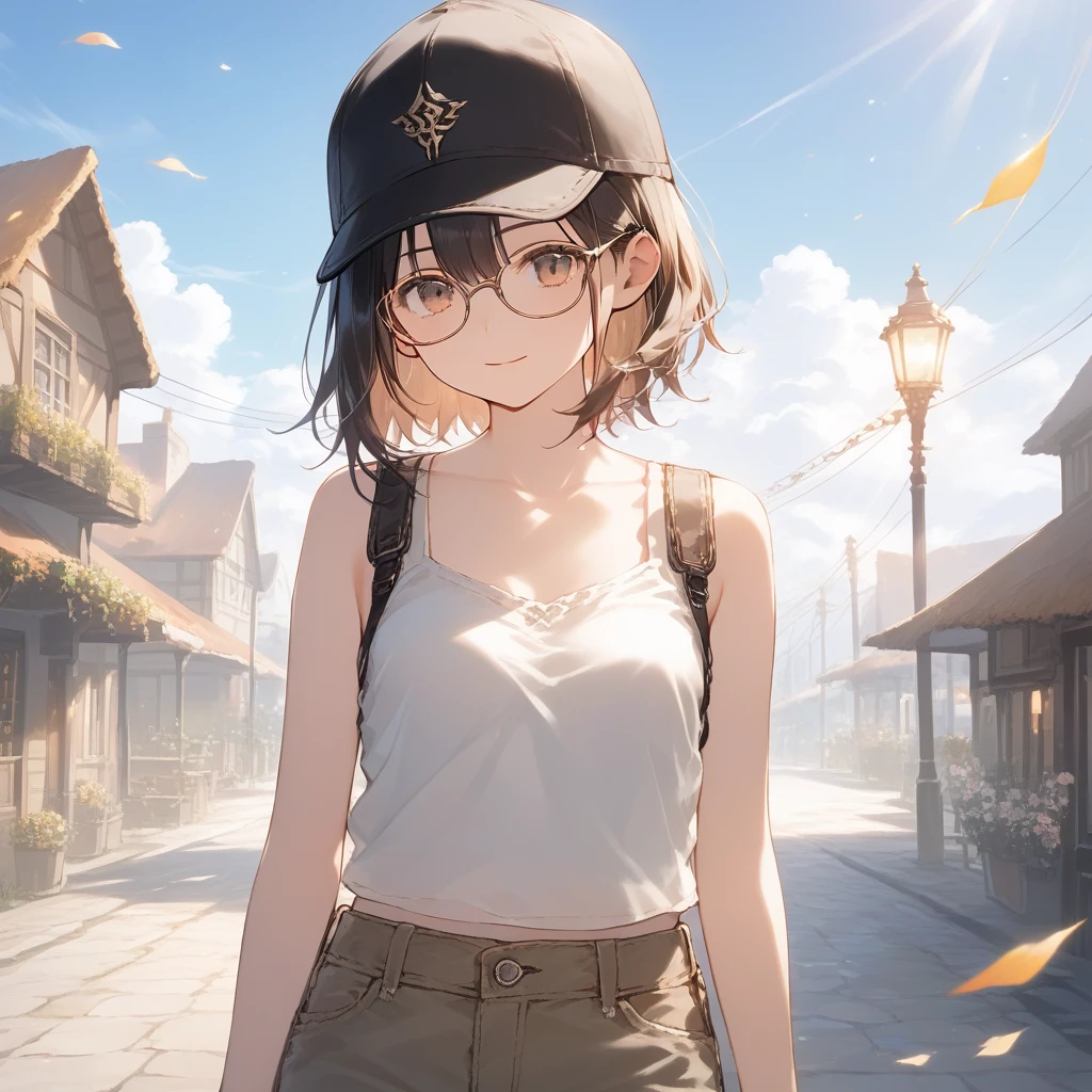 score_9, score_8_up, score_7_up, source_anime, best quality, masterpiece, official art, absurdres, highres, ultra-detailed,waifu2x,Collection: Slice of Life,break,1girl, fantasy world, short hair, glasses, small breasts,beautiful detailed eyes, beautiful detailed face,cap, tank top, cargo pants, outdoors, town, wind, break,(clear line illustration:1.2),very high resolution, very aesthetic, super detailed skin, Best sexual lighting powered by famous artist, 8k,cute picture,beauty illustration,photoshop_(medium),,(Detailed Lighting),best anime 8k konachan wallpaper, pixiv contest winner,