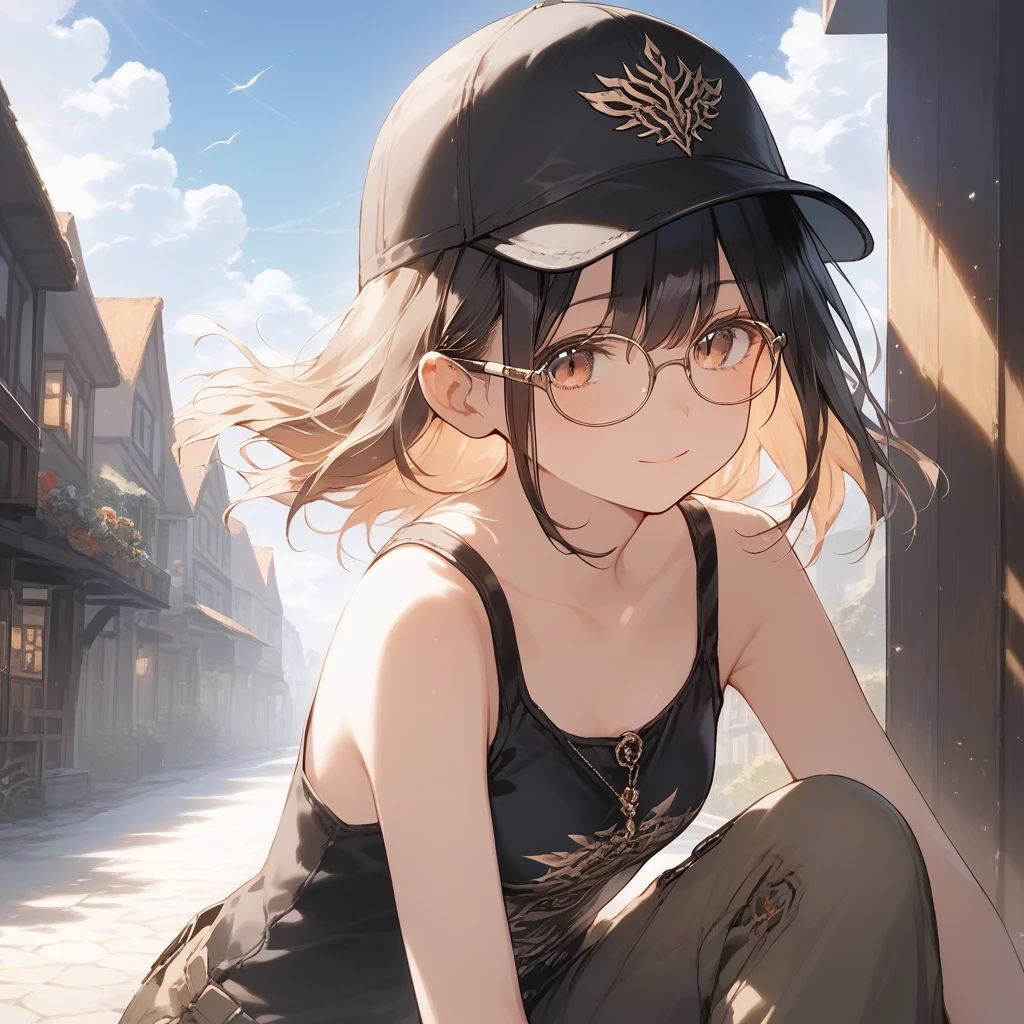 score_9, score_8_up, score_7_up, source_anime, best quality, masterpiece, official art, absurdres, highres, ultra-detailed,waifu2x,Collection: Slice of Life,break,1girl, fantasy world, short hair, glasses, small breasts,beautiful detailed eyes, beautiful detailed face,cap, tank top, cargo pants, outdoors, town, wind, break,(clear line illustration:1.2),very high resolution, very aesthetic, super detailed skin, Best sexual lighting powered by famous artist, 8k,cute picture,beauty illustration,photoshop_(medium),,(Detailed Lighting),best anime 8k konachan wallpaper, pixiv contest winner,
