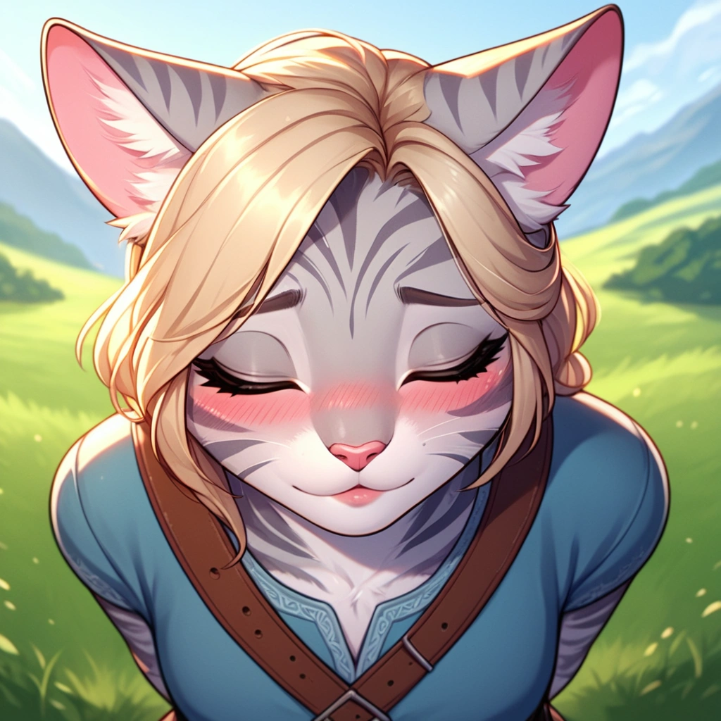 score_9,score_8_up,score_7_up, score_6_up, score_5_up,source_anime, Kat, Anthro furry feline, silver fur, grey stripes on body, blonde hair, pink nose, :3, 1girl,solo, incom, imminent kiss, closed eyes, facing viewer, parted lips,from above, cowboy shot, blushing, head tilted up, about to kiss viewer, she is wearing a blue tunic, leather belts, hands behind her back, head facing viewer, head up, outdoors, close up, portrait,