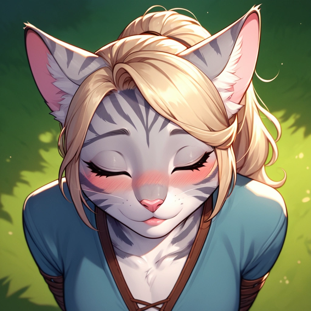 score_9,score_8_up,score_7_up, score_6_up, score_5_up,source_anime, Kat, Anthro furry feline, silver fur, grey stripes on body, blonde hair, pink nose, :3, 1girl,solo, incom, imminent kiss, closed eyes, facing viewer, parted lips,from above, cowboy shot, blushing, head tilted up, about to kiss viewer, she is wearing a blue tunic, leather belts, hands behind her back, head facing viewer, head up, outdoors, close up, portrait,