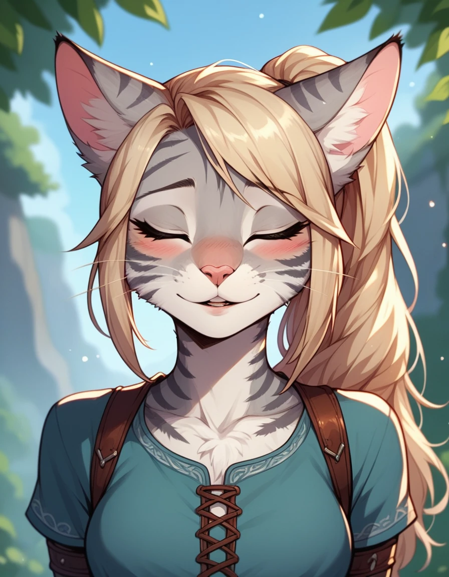 score_9,score_8_up,score_7_up, score_6_up, score_5_up,source_anime, Kat, Anthro furry feline, silver fur, grey stripes on body, blonde hair, pink nose, :3, 1girl,solo, incom, imminent kiss, closed eyes, facing viewer, parted lips, close up, blushing, head tilted up, about to kiss viewer, she is wearing a blue tunic, leather belts, hands behind her back, head facing viewer, head up, outdoors,