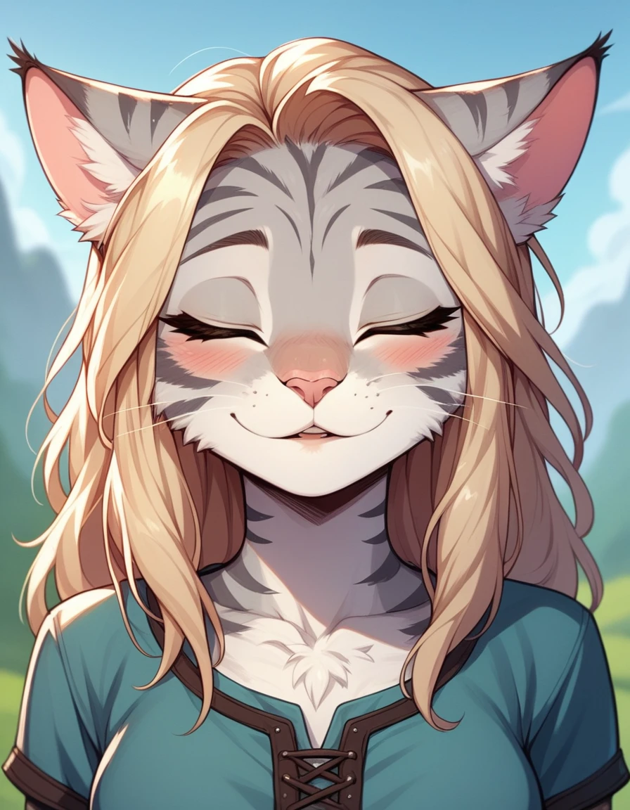 score_9,score_8_up,score_7_up, score_6_up, score_5_up,source_anime, Kat, Anthro furry feline, silver fur, grey stripes on body, blonde hair, pink nose, :3, 1girl,solo, incom, imminent kiss, closed eyes, facing viewer, parted lips, close up, blushing, head tilted up, about to kiss viewer, she is wearing a blue tunic, leather belts, hands behind her back, head facing viewer, head up, outdoors,