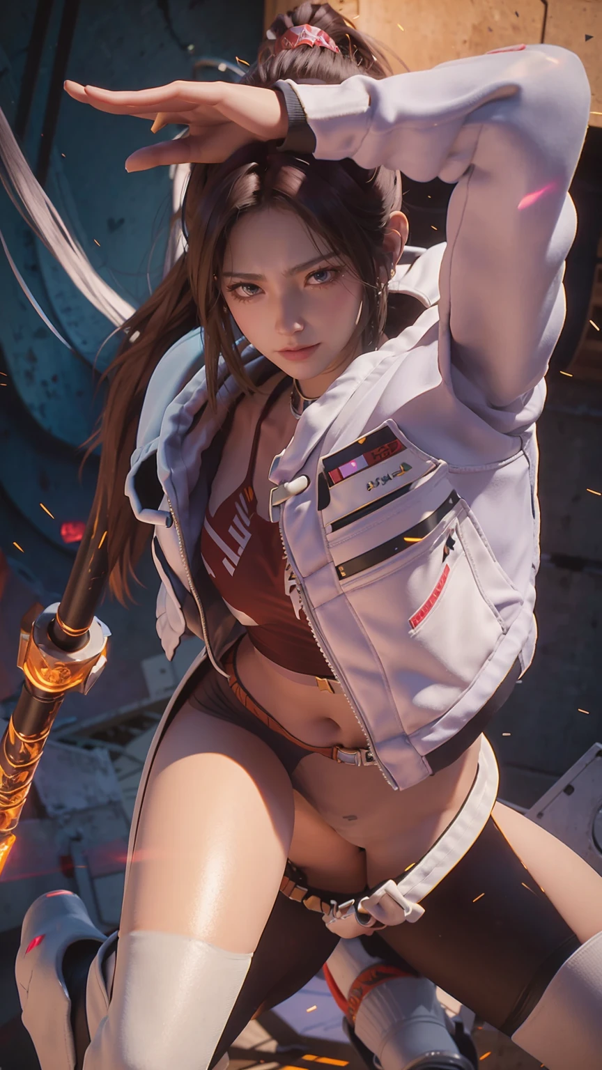 (Upper Body), (Practical, [Japanese cartoons]), (3d:0.3), Dramatic Lighting, ((masterpiece)),(quality),(high resolution), Tall Void Star Lady, [[Covering the abdominal muscles]], ((X-Ray Power Armor|Lined tights|White Power Armor) Robotic Arm), Long black hair cut short, [Smile], Small , Cover the navel, Eyeliner, eyelash, Perfect face, Beautiful nose, Fine pupils, beautiful eyes, Delicate eyes, Brown eyes, Perfect lips, Posture on the display, Simple background, [My Hero Academia], (set:1) ,  