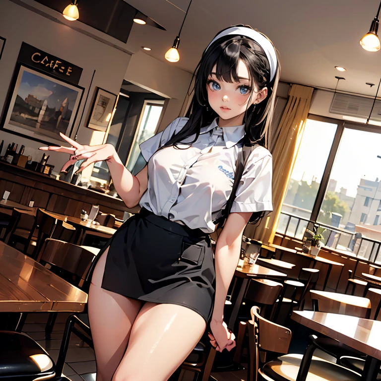 (Highest quality, 8k, masterpiece:1.3,beautiful girl), (masterpiece:1.3, Highest quality, Ultra-high resolution, Very detailed),Beautiful body, Beautiful breasts, Beautiful thighs, Beautiful legs, Beautiful fingers, Glowing Skin,(((Long Hair,Black Hair,Beautiful Hair))),(Perfect Anatomy, Anatomically correct, Very detailed肌), Cute and symmetrical face, Perfect Face, Perfect Eyes, ((Perfect Fingers, Five Fingers)), (((whole body,Draw the whole thing)))((Two Arms,Two legs)),(((Cafe, waitress))),mini skirt,head band,Sexy Breasts,