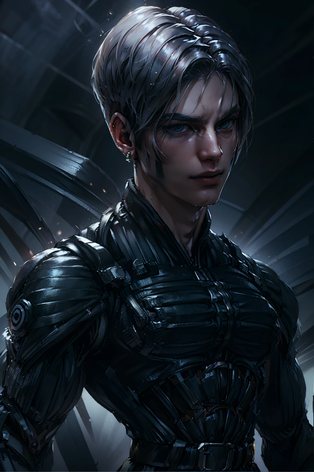 {Best Quality, 8k, Masterpiece}, (Realistic), [[Male]], [[White Hair]], ((Middle Part Haircut)), (Earrings), (Mask)