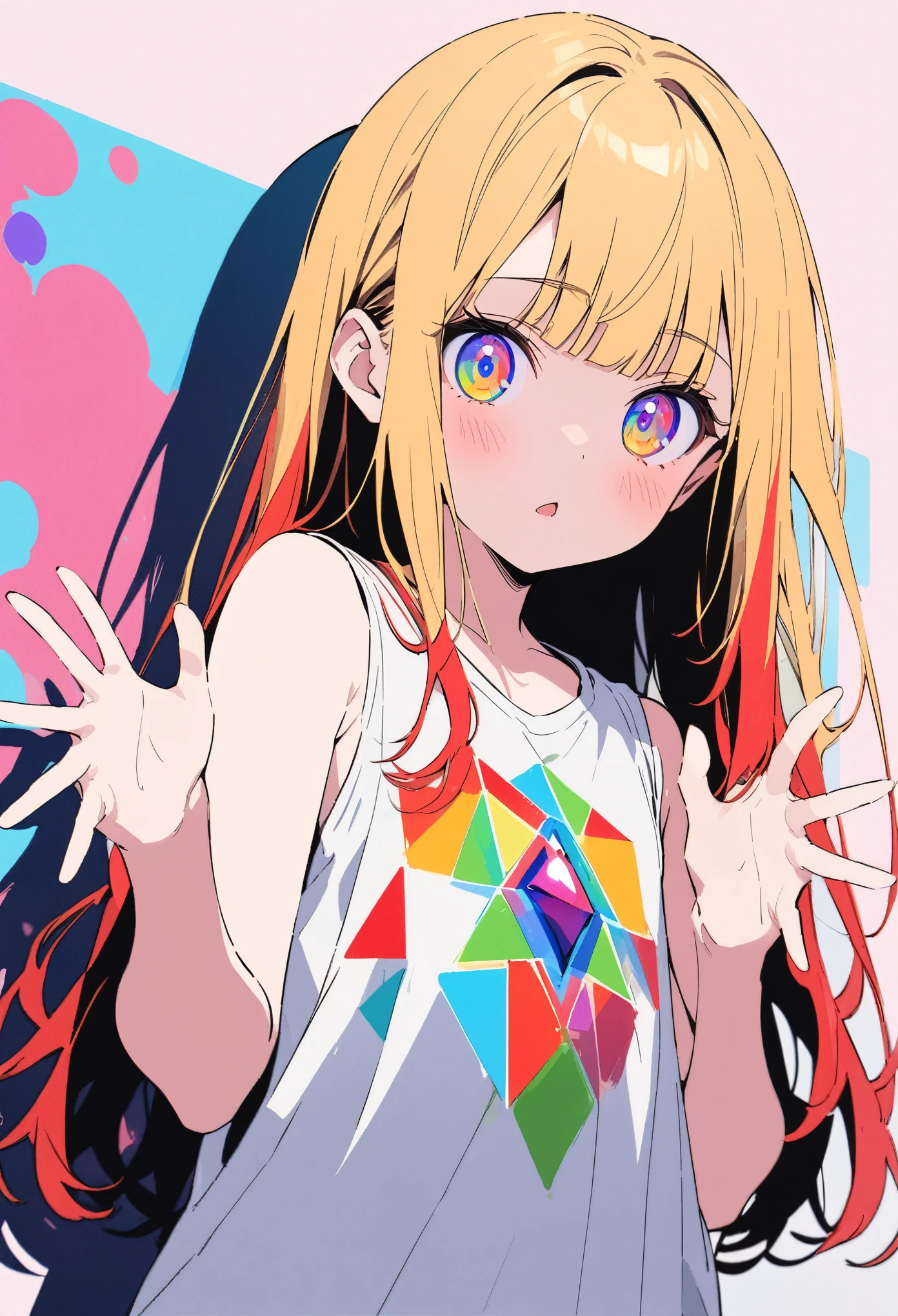 ((Masterpiece)), ((best quality)), (flat color), (flat shading), (super detail:1.2), (High Definition:1.3), ((extremely detailed)), (8K), (Professional Photography:1.2), (very aesthetic:1.2), (absurdres:1.2), (sharp focus), (perfect light), (drop shadow), (()), cute young Girl, Glossy straight hair, (loose blunt bangs), blonde hair with red, ((red streaked hair)), highlights hair, ((face with raised eyebrow)), (glitter eyes), long hair, big eyes, colorful eyes, (Beautiful Jewel eyes), blush, ((droplet mouth)), cute cheeks, glossy lips, BREAK, ((best quality)), (Oversized loose tanktop), bare arms, ((shrugging pose)), (colorful), cute makeup, ((against the Colorful pastel wall)), cute, (Beautiful psychedelic painting),