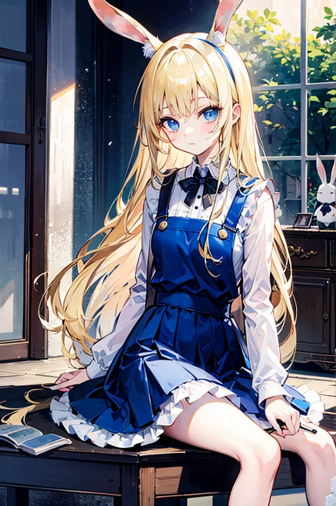 Alice漫游仙境,fairy tales,((Alice)),Light blond long hair,Blue Eyes,Well-behaved and cute,Rabbit Doll,