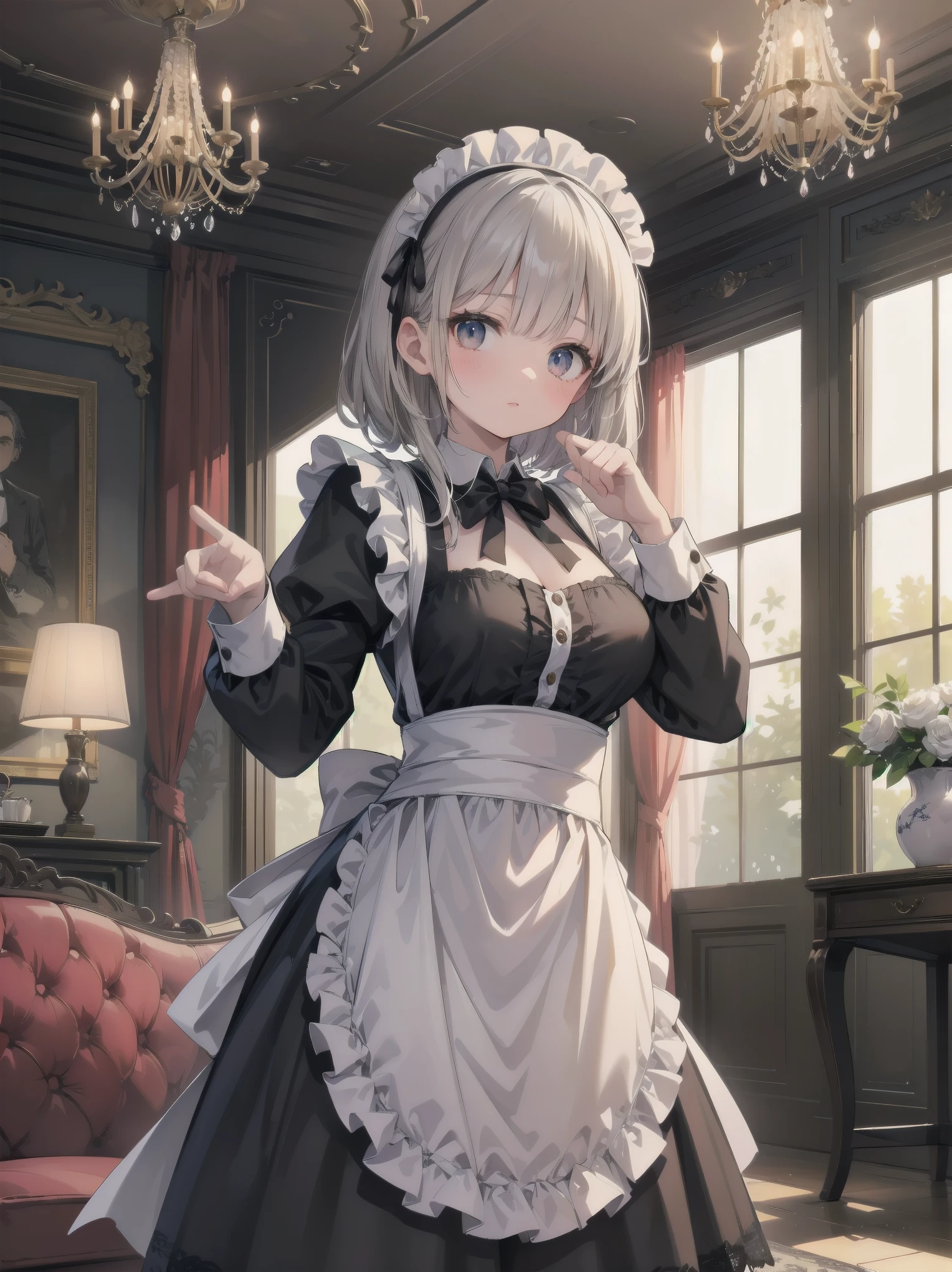(One little girl: maid outfit: cute: perfect face: mocking pose), best composition, best color balance, imagine a classical maid with a tea set in a gorgeous Victorian living room. The maid is dressed in a traditional black and white maid's outfit with a ruffled apron and simple headband. She is spinning and dancing with a serene, graceful expression on her face. The living room is decorated with luxurious furnishings. In the background is a large window, through which sunlight streams in, casting a warm glow over the room. Luxurious wallpaper, heavy curtains, a large chandelier, and antique furniture such as polished wooden tables and upholstered chairs. The overall atmosphere is elegant and sophisticated,clutter,zentangle,renderings,antique,rich colors,intricate details,highly detailed,meticulously detailed,beautiful light and shadow,reality,top quality,dreamy,,anatomically correct,perfectly proportioned,ruffles,lace The perfect proportions, ruffles, lace