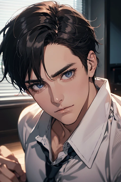 (Best Quality,4k,8k,high resolution,Masterpiece:1.2),ultra detailed,(realist,photorealist,photo-realist:1.37),1 man,31 years,mature man,very handsome,without expresion,muscled body,short gray black hair,Blue eyes,glare,perfect face without mistakes,imposing posture,businessman,office background,cinematic lighting,imagen HDR