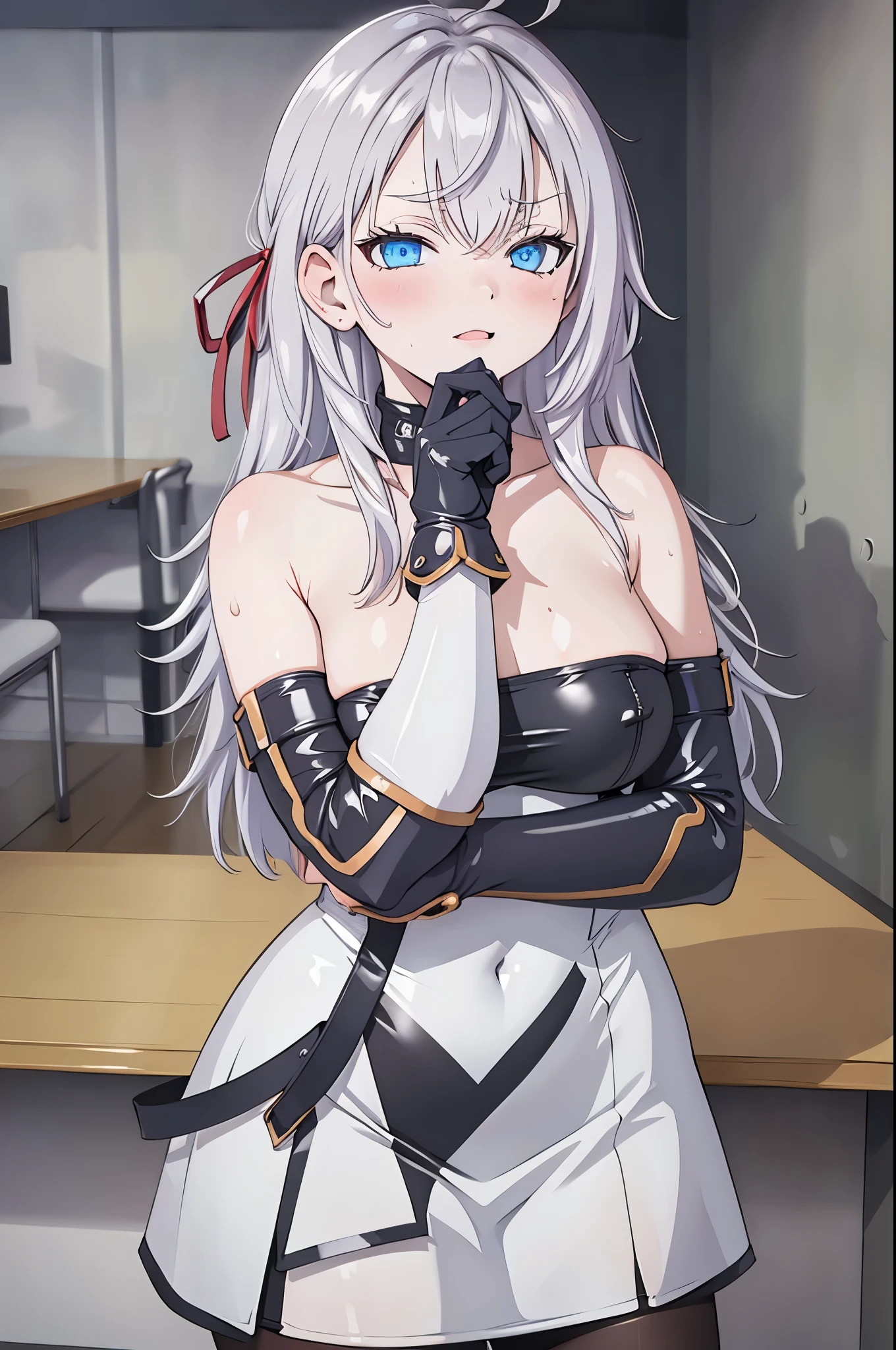 sexy girl no clothes, big bobs , White background sexy pantyhose, sweating a lot, gloves on hands, white hair, detailed blue eyes, topless