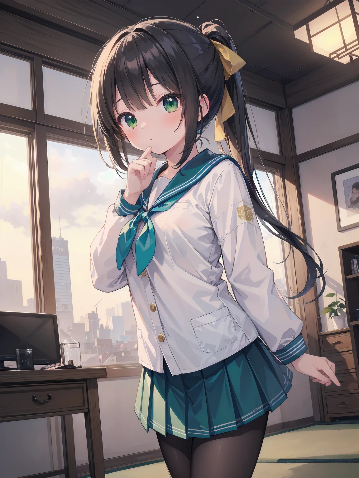 Masterpiece, illustration, super detailed, kawaii, one girl, 独奏, slender 14 year old, Japanese girl, chou chou, ribbon, nape of neck, low ponytail, cute pose in Less revealing attire, (green sailor outfit, two gold lines), large gold ribbon, priss skirt, black pantyhose, , Long Sleeves, White innerwear for sailor suit, living room, cowgirl shot, sfw, dynamic angle、Close-up on the characters、(building, city、A dense fog of fluorescent particles、1800Era、Japanese Style、Fiction、grow、Overwhelming、Detailed street)、A beautiful girl with a beautiful background and a super cute pose