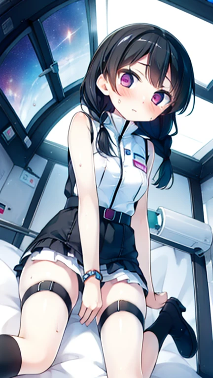 (Highest quality), (masterpiece), 1080P, High resolution, 4K, 8k, Inside the space station、Futuristic room、Thigh straps, Shooting from directly below, The woman on top of me, Nipples, 白いSweat, Covered , Sweat, Woman looking down, Skirt swimsuit, Thigh-high socks, To achieve this, , , whole body, Black leather shoes, Braided hair, Inner Color, Embarrassed face, Short black hair, bracelet, Bedroom,celestial body_Vest