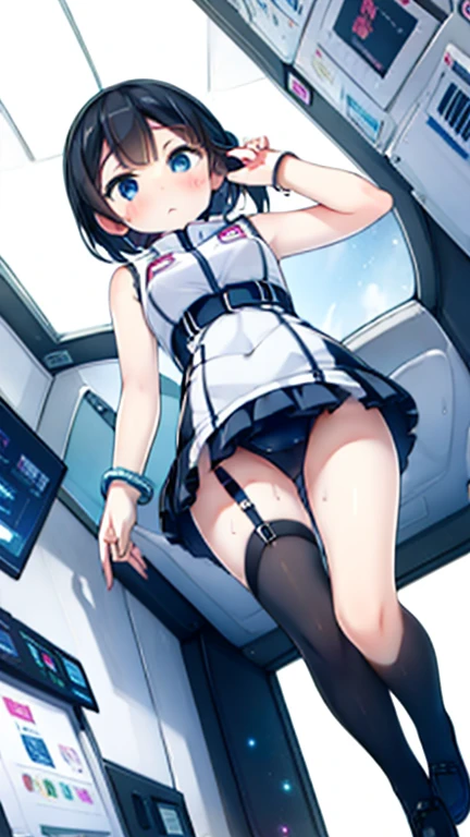 (Highest quality), (masterpiece), 1080P, High resolution, 4K, 8k, Inside the space station、Futuristic room、Thigh straps, Shooting from directly below, The woman on top of me, Nipples, 白いSweat, Covered , Sweat, Woman looking down, Skirt swimsuit, Thigh-high socks, To achieve this, , , whole body, Black leather shoes, Braided hair, Inner Color, Embarrassed face, Short black hair, bracelet, Bedroom,celestial body_Vest
