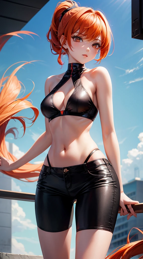 Generate an alluring and vibrant AI artwork featuring A beautiful woman, wearing black hotpants and bra, pale skin, smooth pale skin, skin tune red, perfect body, detailed body, cute face, orange hair, ponytail hair, top quality