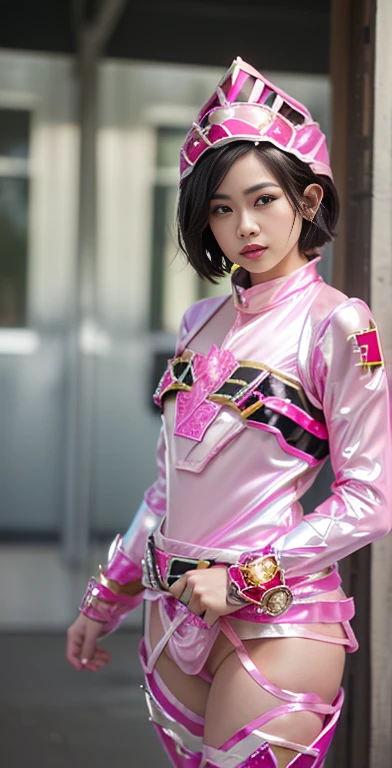 （8K、Raw photography、highest quality、masterpiece：1.2),(black haired、very short hair:1.8),(twin mitsu braid:1.4)、show viewer,Looking at the front,erotic,白いskin,(Wearing a shiny pink ranger costume:1.9)、()、(Clothing that emphasizes the shape of your chest、publish one&#39;skin:1.6)、(big breasts :1.5)、slim body shape、ultra high resolution,beautiful,beautiful fece,(alone、no background:1.9),whole bodyボディー,japanese woman,（Photoreal：1.37）、photon mapping,reality、(Baby-faced and cute: 1.3)、(cute smile: 1.7)、(With a round face: 1.7)、radio city、Physically based rendering、depth of field rally background、photograph, (I can see your knees、short skirt、I can see your panties、close up of thighs:1.8),（polka dot panties:1.4）,whole body、super fine