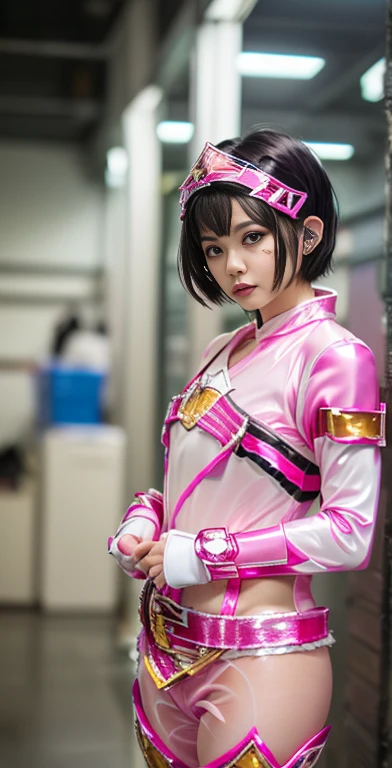 （8K、Raw photography、highest quality、masterpiece：1.2),(black haired、very short hair:1.8),(twin tails:1.3)、show viewer,Looking at the front,erotic,白いskin,(Wearing a shiny pink ranger costume:1.9)、(no background)、(Clothing that emphasizes the shape of your chest、publish one&#39;skin:1.4)、(big breasts :1.4)、slim body shape、ultra high resolution,beautiful,beautiful fece,(alone、no background:1.9),whole bodyボディー,japanese woman,（Photoreal：1.37）、photon mapping,reality、(Baby-faced and cute: 1.5)、(cute smile: 1.7)、(With a round face: 1.8)、radio city、Physically based rendering、depth of field rally background、photograph, (I can see your knees、too short skirt、I can see white panties、close up of thighs:1.8),whole body、super fine