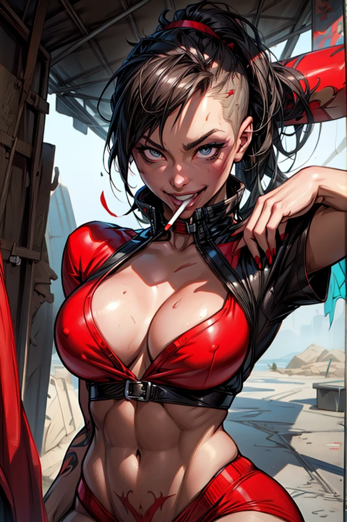 painting of a sultry woman with a cigarette in her mouth and a cigarette in her mouth, portrait of Harley Quinn, portrait of Harley Quinn, with red haze and a massive grin, by Shinoda Toko, tsutomu nihei art, greg tocchini, russ mills, portrait of the joker, by Kamagurka, ryan hewett, inspired by Yanjun Cheng