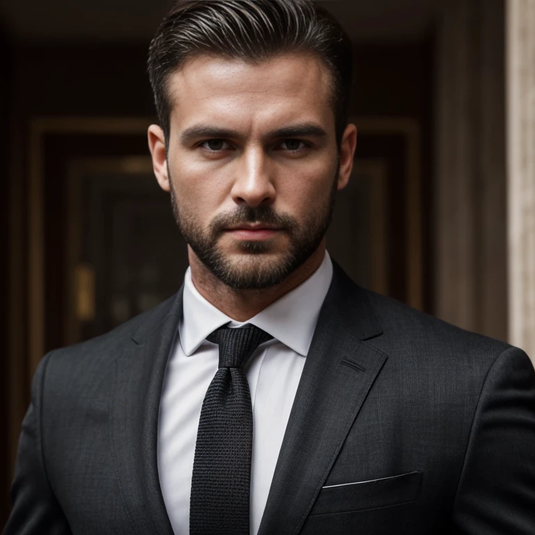 fenn、Make a handsome man in his 30s in a black suit and tie, CEO, brown hair and beard, (Man in black suit and tie), ), (Use barba,) Attractive and serious look, short and dark hair, elegant and elegant, Barbear suit-fit e corpo forte, (high qualiy, realistic footage), Dark and light black in the background of the image, movie style, ((top-quality, 8k, ​masterpiece), ultra hi definition photo, (detailed beautiful faces, detail skin texture, Hyper-detailed body:1.1)