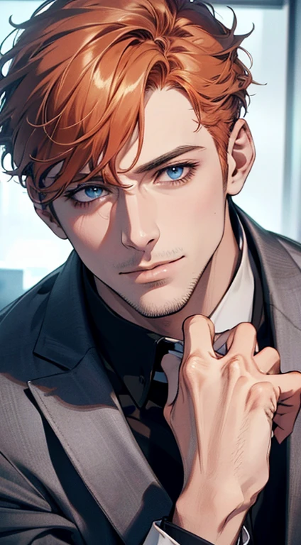 (best quality,4k,8k,highres,masterpiece:1.2),ultra-detailed,(realistic,photorealistic,photo-realistic:1.37),1 man,31 years old,mature man,very handsome,without expression,smile,short grey b
Orange hair,blue eyes,penetrating gaze,perfect face without errors,imposing posture,businessman,office background,cinematic lighting,hdr image