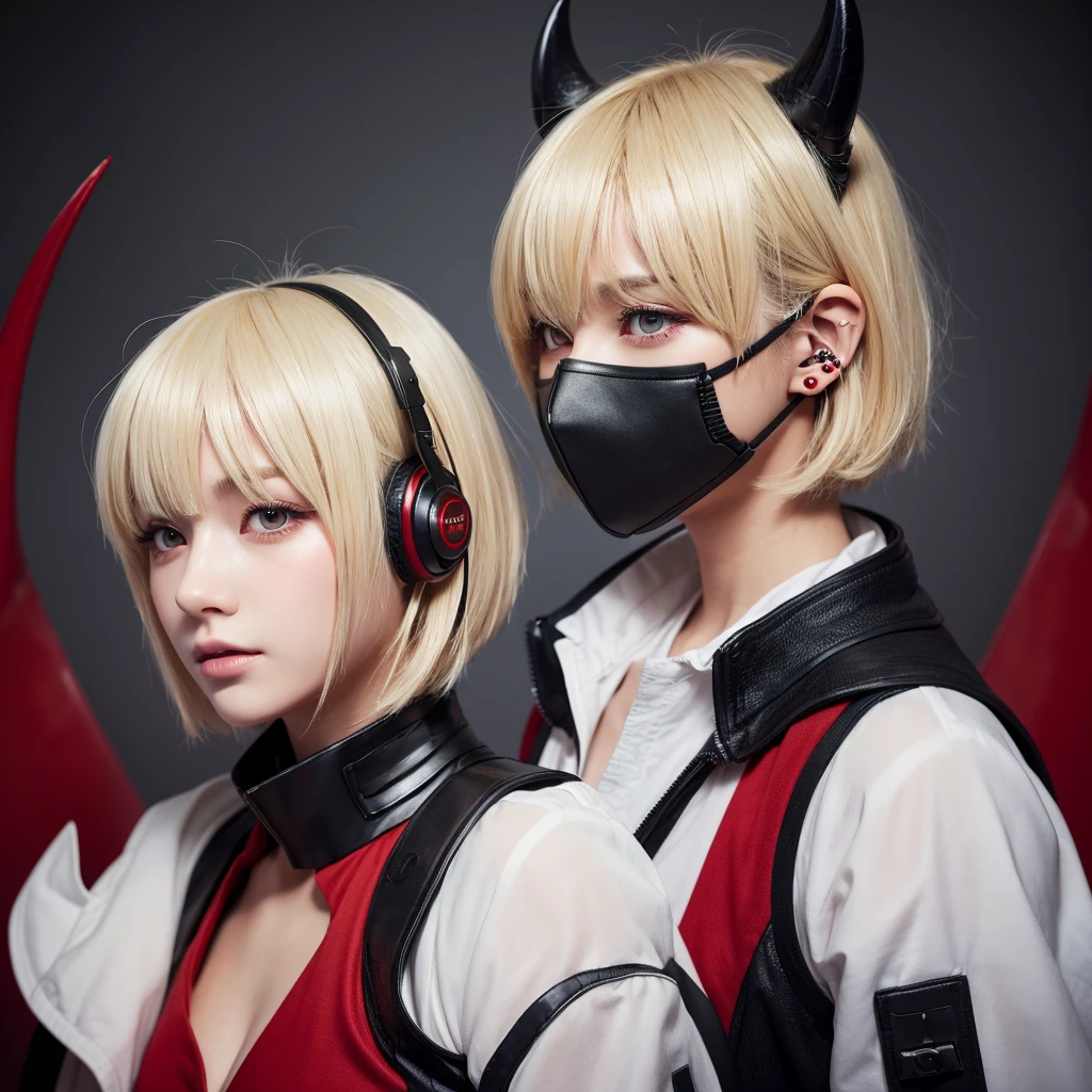 High-resolution model, Shortcuts, Blonde, Bob Hair, Hair behind ears, Wolf Cut, Red eyes, Sleepy, Simple Background, earphone, mask, Devil horns, anime風, anime, Futuristic, Renaissance,