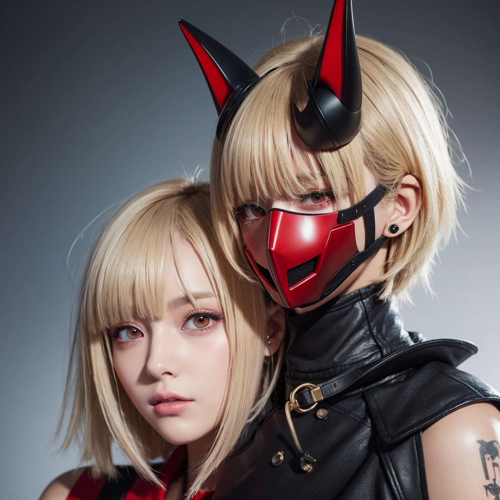 High-resolution model, Shortcuts, Blonde, Bob Hair, Hair behind ears, Wolf Cut, Red eyes, Sleepy, Simple Background, earphone, mask, Devil horns, anime風, anime, Futuristic, Renaissance,