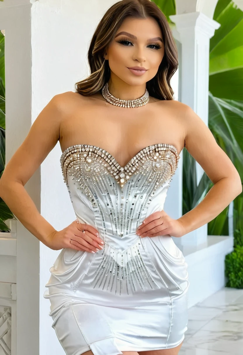 ((Best high quality:1.2)), work of art, (8k), extremely detailed, ((High detail:1.2)), Solo, ((24 years old pretty south brazilian female:1.4)), (tight and short dress),
