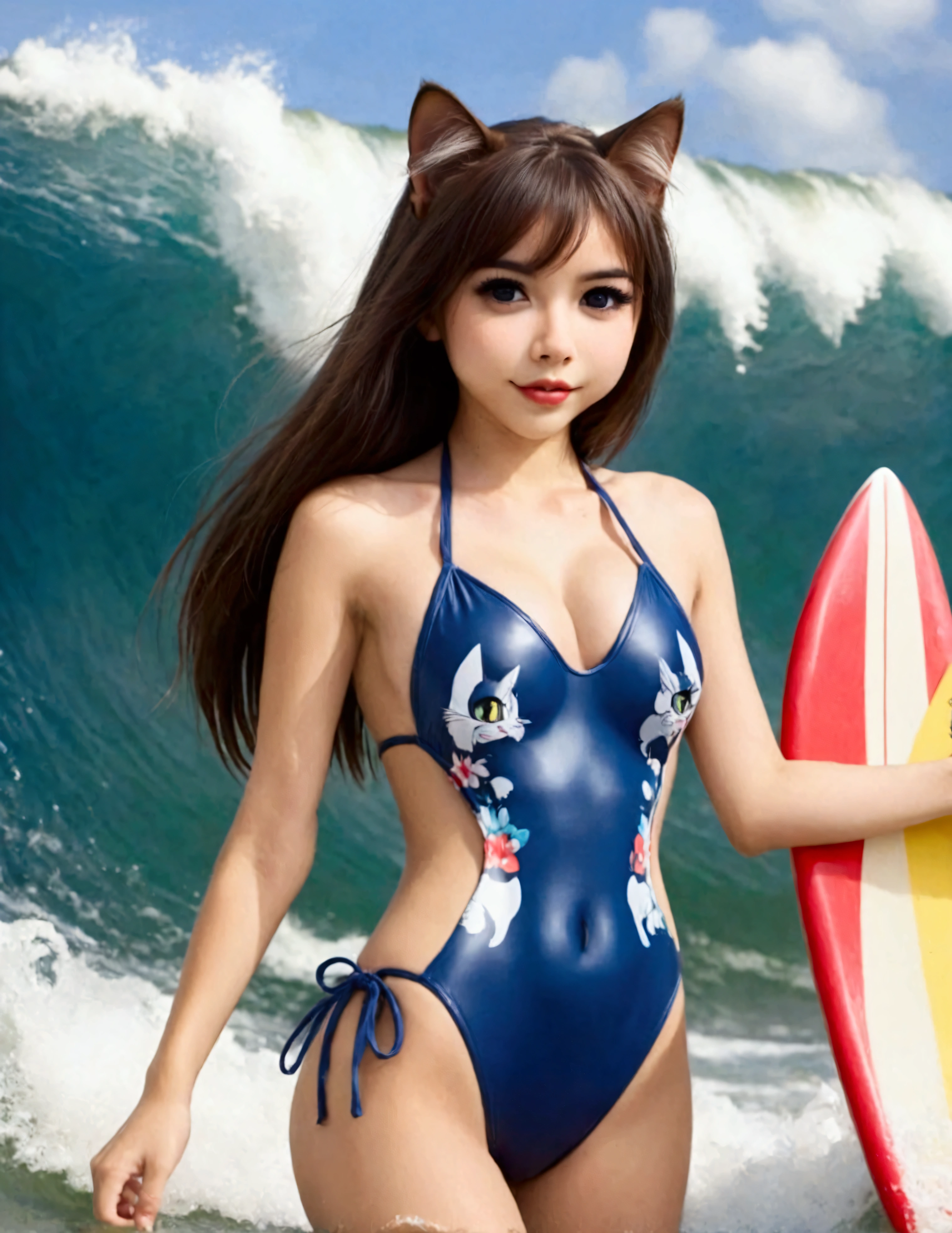 (cute woman, age 20, is an adorable sexy cat woman, big eyes, cute swimsuit, fluffy tail), she is surfing on small waves, super cute, so excited, show her from head to toe, hawaii
