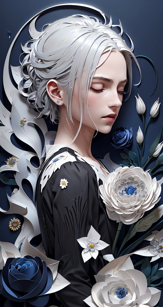 realist, (Best Quality, masterpiece:1.3),book cover design,text in English,
1 girl,Alone, silver hair, bright pupils, slicked back hair, by the wide, black shirt, expressionless, closed eyes,
abstract background, flower, blue rose, fancy,
paper cut