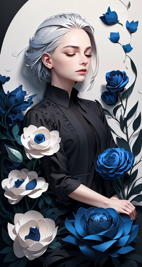 realist, (Best Quality, masterpiece:1.3),book cover design,text in English,
1 girl,Alone, silver hair, bright pupils, slicked back hair, by the wide, black shirt, expressionless, closed eyes,
abstract background, flower, blue rose, fancy,
paper cut 