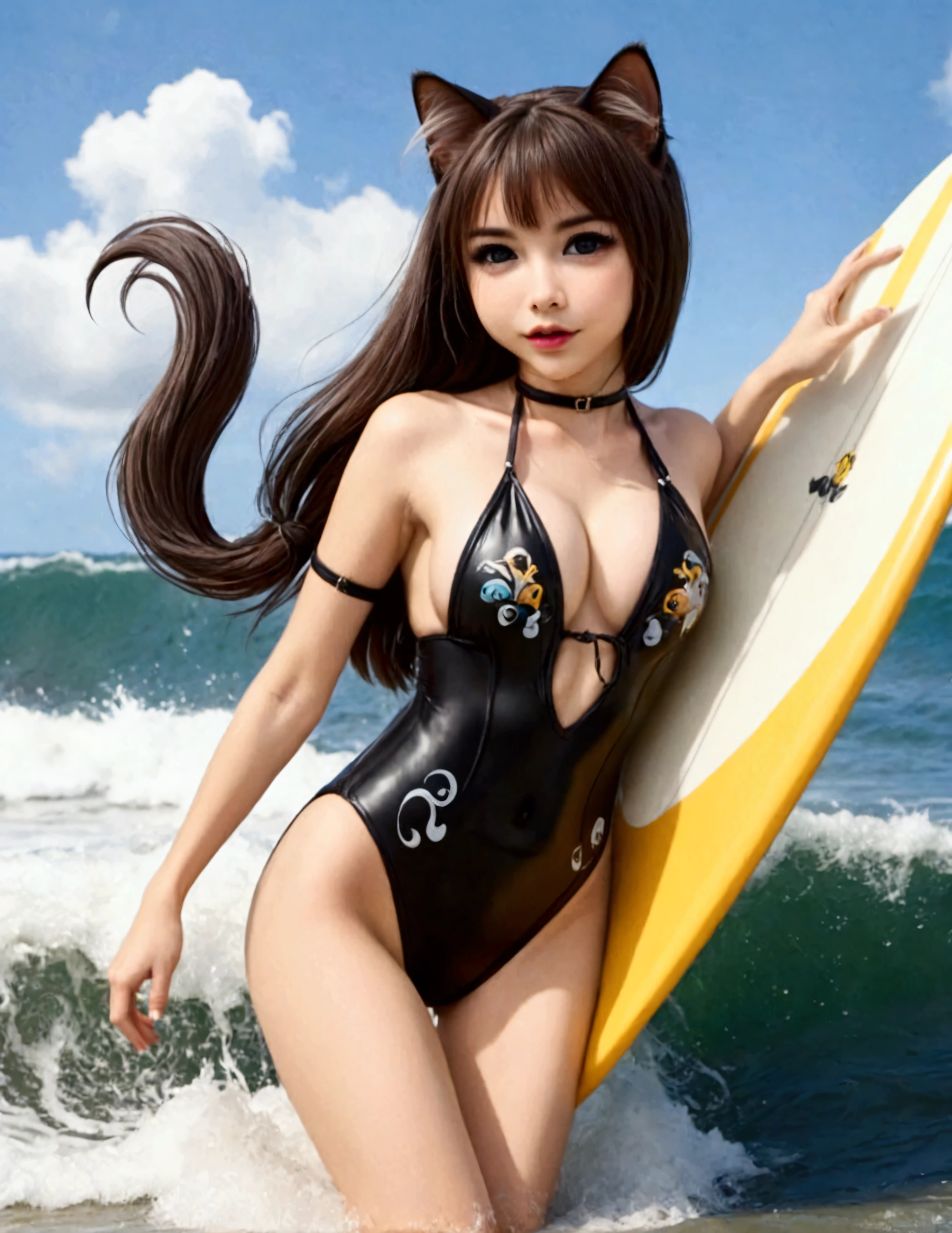 (cute woman, age 20, is an adorable sexy cat woman, big eyes, cute swimsuit, fluffy tail), she is surfing on small waves, super cute, so excited, show her from head to toe, hawaii