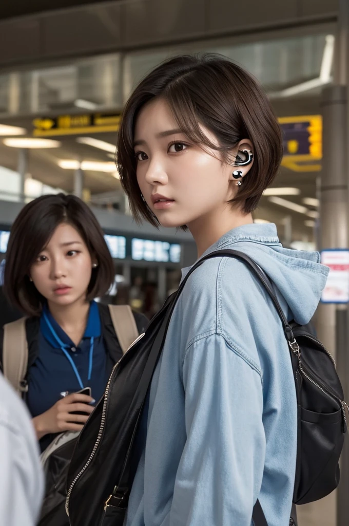 A plump woman with short hair wearing earplugs at the airport glaring at students with a mad look on her face