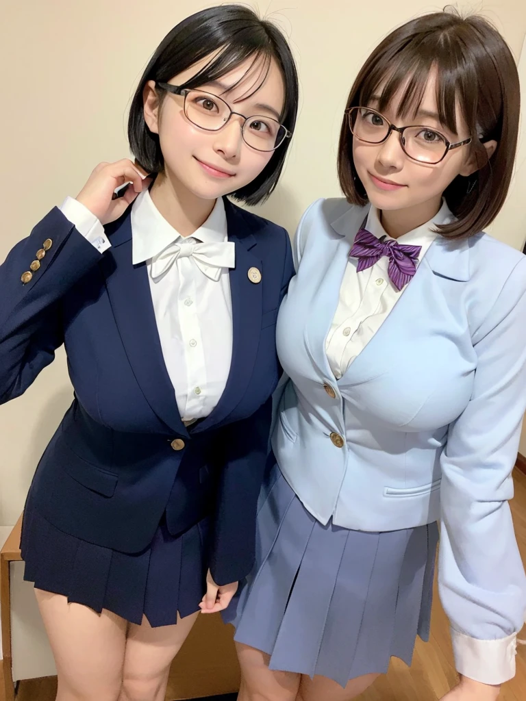 Highest quality、masterpiece、、Very detailed、Realistic、(Two Girls)、(Looking at me with a mischievous smile)、whole body、Small face、Narrow shoulders、(Big Breasts:1.4)、Slim and beautiful legs、Tight and slim waist、 uniform、(Navy blue blazer jacket)、(A tight white shirt with buttons and a collar:1.2)、(Navy blue mini skirt:1.1)、(Red bow tie)、short hair、(Leaning forward:1.6)、Glasses