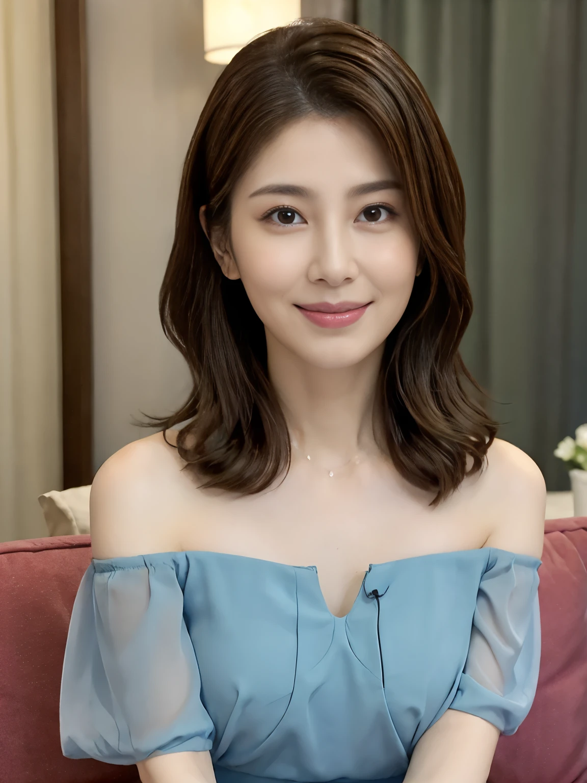 (Raw Photo), (Photorealsitic), (Masterpiece), (Best Quality), High Resolution, 8K, (Intricate Details), (Voluminous Light), Portrait, Female, (50 Years Old), Medium Straight Hair, layered hair, brown hair, very fine eyes, source order, very fine eyebrows, very fine skin, very fine mouth, very fine nose, cute like an idol, happy smile, (thick lips), (looking at the viewer), (Elegant Transparency blue Off the shoulder Short Sleeve dress), Normal chest, emphasize the chest area, waist shot, (Random body turning posture),