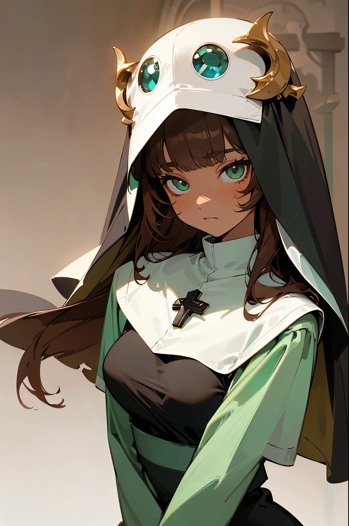 {{{{masterpiece}}}}, {{{Super detailed}}}, {{{high resolution}}}, {{good anatomy}}, (((best quality))),((emerald eyes,brown hair)),{{Extremely detailed and refined}}, {4k CG wallpaper}, {{illustration}}, ((dark skin,african lady,dark brown skin)),((zoom in,bust,upper body shot,extreme close up to face,bigger eyeballs)),(long hair|Detailed hair|blunt bangs|shiny hair),(((nun))),(simple maid dress,long sleeves),(arch canthus,),cross_necklace,{{{solemn,emotionless,clam face}}},(mystry,mature,1 woman:1),small breasts, (Color difference:1.2),(church background),arms down,hands down
