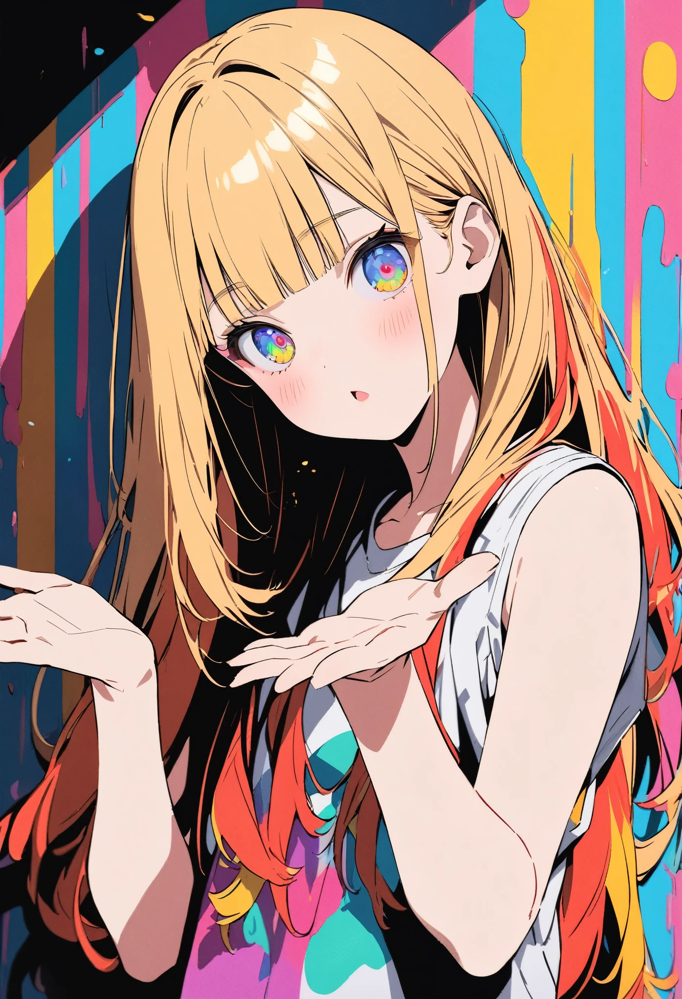 ((Masterpiece)), ((best quality)), (flat color), (flat shading), (super detail:1.2), (High Definition:1.3), ((extremely detailed)), (8K), (Professional Photography:1.2), (very aesthetic:1.2), (absurdres:1.2), (sharp focus), (perfect light), (drop shadow), ((12 years old)), cute young Girl, Glossy straight hair, (loose blunt bangs), blonde hair with red, ((red streaked hair)), highlights hair, ((eyes half close)), (glitter eyes), long hair, big eyes, colorful eyes, (Beautiful Jewel eyes), blush, ((droplet mouth)), cute cheeks, glossy lips, BREAK, ((best quality)), (Oversized loose tanktop), bare arms, ((shrugging pose)), (colorful), cute makeup, ((against the Colorful pastel wall)), cute, (Beautiful psychedelic painting),