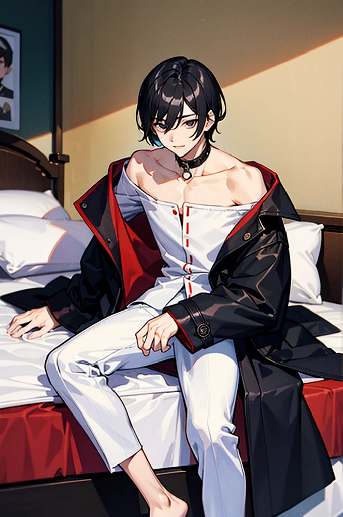 1个male孩, male人,male, short hair, Black Hair,collar,facial, ,Tight cotton coat,Leg ring,Soft bed,bedroom,