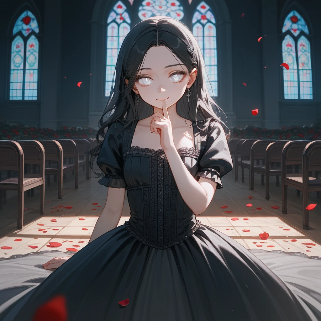 Masterpiece, higherper body, a result_9, a result_8_higher, a result_7_higher, Before, 1girl, Single, Black hair, long hair, Parted bangs, White eyes, Black Solid, Eyes narrowed, Inexpressive, Small breasts, higherper body, Victorian fashion, Black Dress, Embellished dress, Short sleeves, Closed mouth, A little smile, Finger on mouth, (Silencing), Delicate hand, White rose petals, Church wallpaper, Best quality