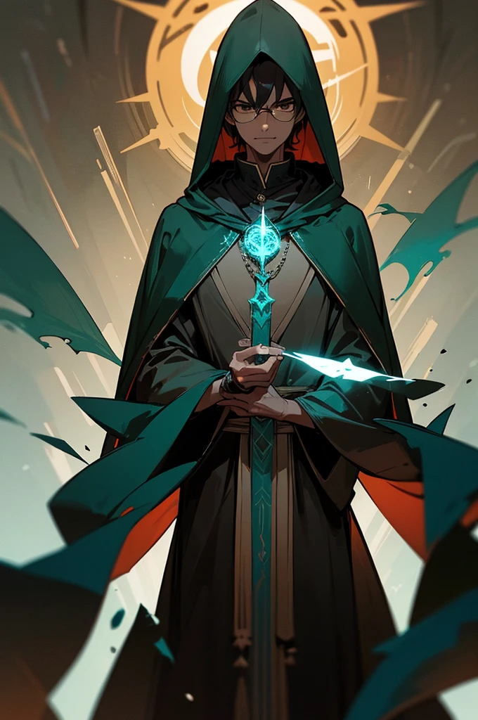 1 man, dark toned skin, black short hair, brown eyes, black rimmed glasses, black wizard robes with hood, evil necromancer magic, handsome, brown skin tone, dark green and teal magics, looking at viewer, arrogant, smirking, magic runes, best quality
