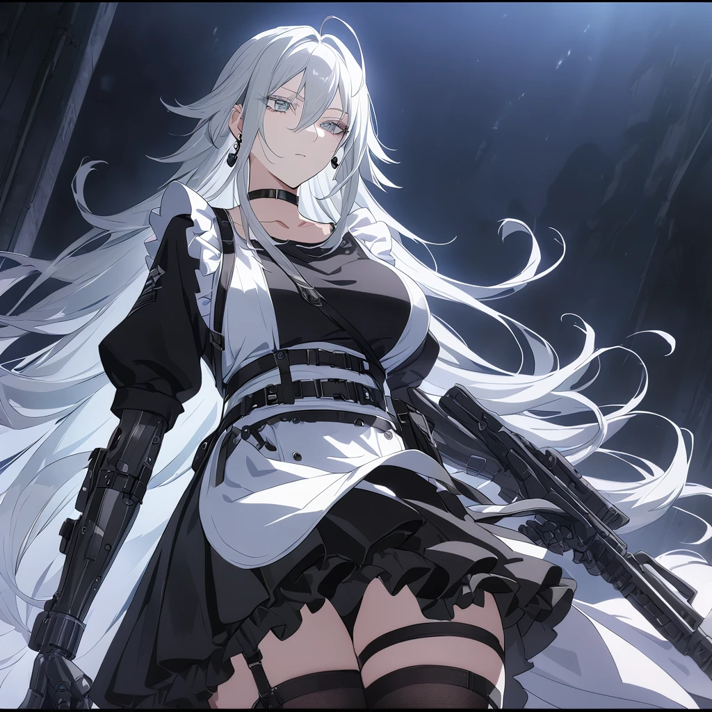 sovetsky_Soyuz, grey eyes, long hair, earrings, choker, webbed belt, tactical, pouches, chains, black maid outfit, apron, weapon Holster, webbed belt, tactical, pouches, frilly skirt, metal gloves, black thigh highs, high heeled boots, large breasts, Long eyelashes, eye shadow, long hair, ominous vibe, expressionless, stoic, side view, shadowy, Ultra quality, UHD, high detail, anime aesthetic, Anime screenshot, Ultra quality, UHD, high detail, portrait, half body