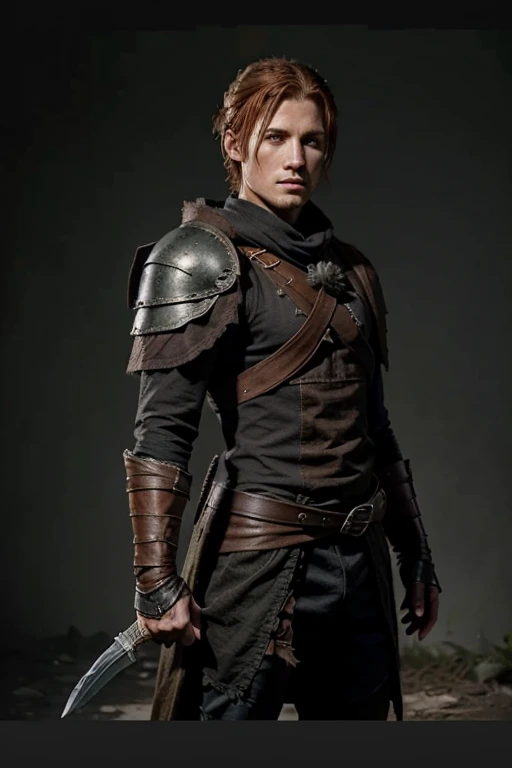 Dnd character with a dark souls concept art style, class ranger, men, ginger, with a middle hair bun, a bow and a dagger