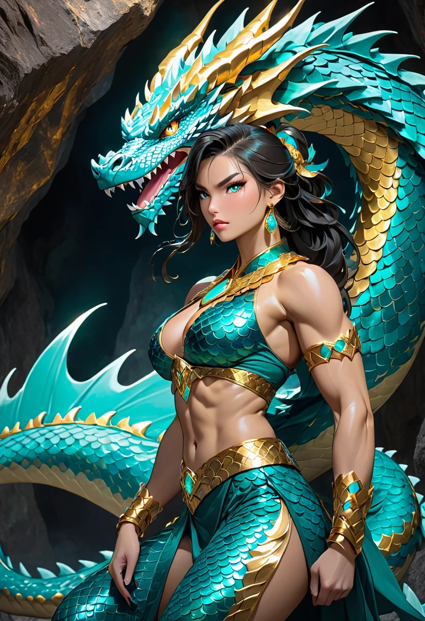 Solo female, large, fierce dragon, wearing golden jewelry, coy look, sultry, dark cavern, teal scales shimmering, intimidating, muscular