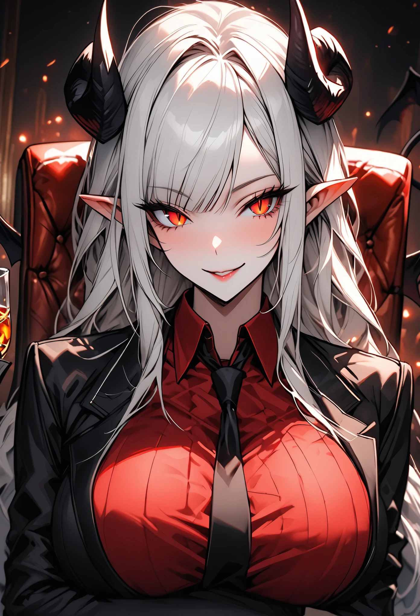 solo, female, long white hair, straight bangs, black goat horns, pointed ears, red eyes, slit pupils, huge breasts, tall, male business suit, red shirt, spade tail, black demon wings, black business jacket, black slacks:0.3, relaxed, friendly smile, sly eyes, luxurious, leather chair, close up, luxurious, cigarette holder, smoke:1.2, whisky glass, partially unbuttoned shirt