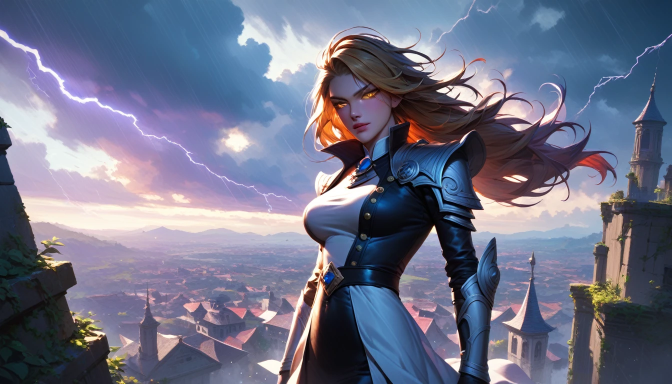 Anime, personality: [Illustrate a dramatic opening shot of a stormy sky, with dark swirling ominously. In the center, Aries, the Storm Witch, stands confidently atop a cliff, her long hair billowing in the wind. Her expression is fierce and determined, with glowing eyes that hint at her magical abilities. Lightning crackles around her hands, reflecting her mastery over the elements]