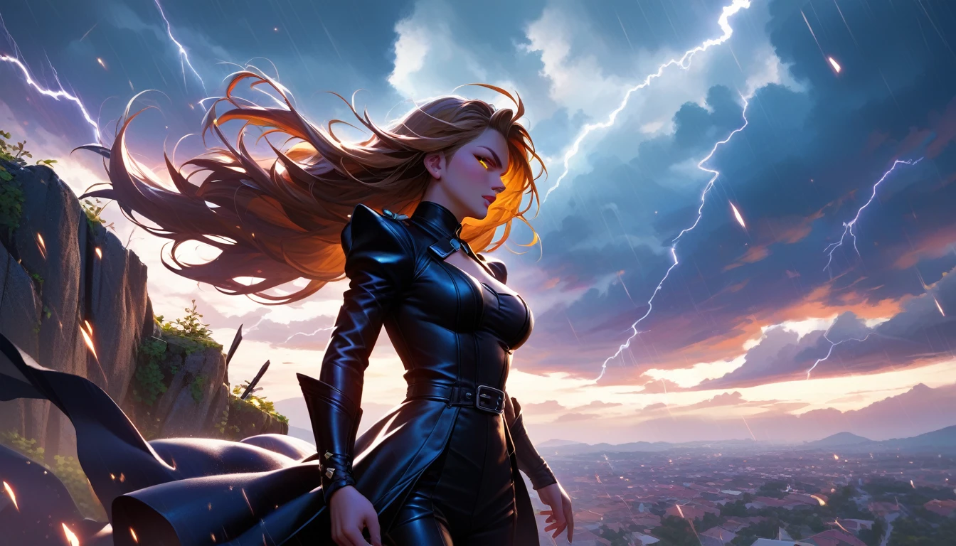 Anime, personality: [Illustrate a dramatic opening shot of a stormy sky, with dark swirling ominously. In the center, Aries, the Storm Witch, stands confidently atop a cliff, her long hair billowing in the wind. Her expression is fierce and determined, with glowing eyes that hint at her magical abilities. Lightning crackles around her hands, reflecting her mastery over the elements]