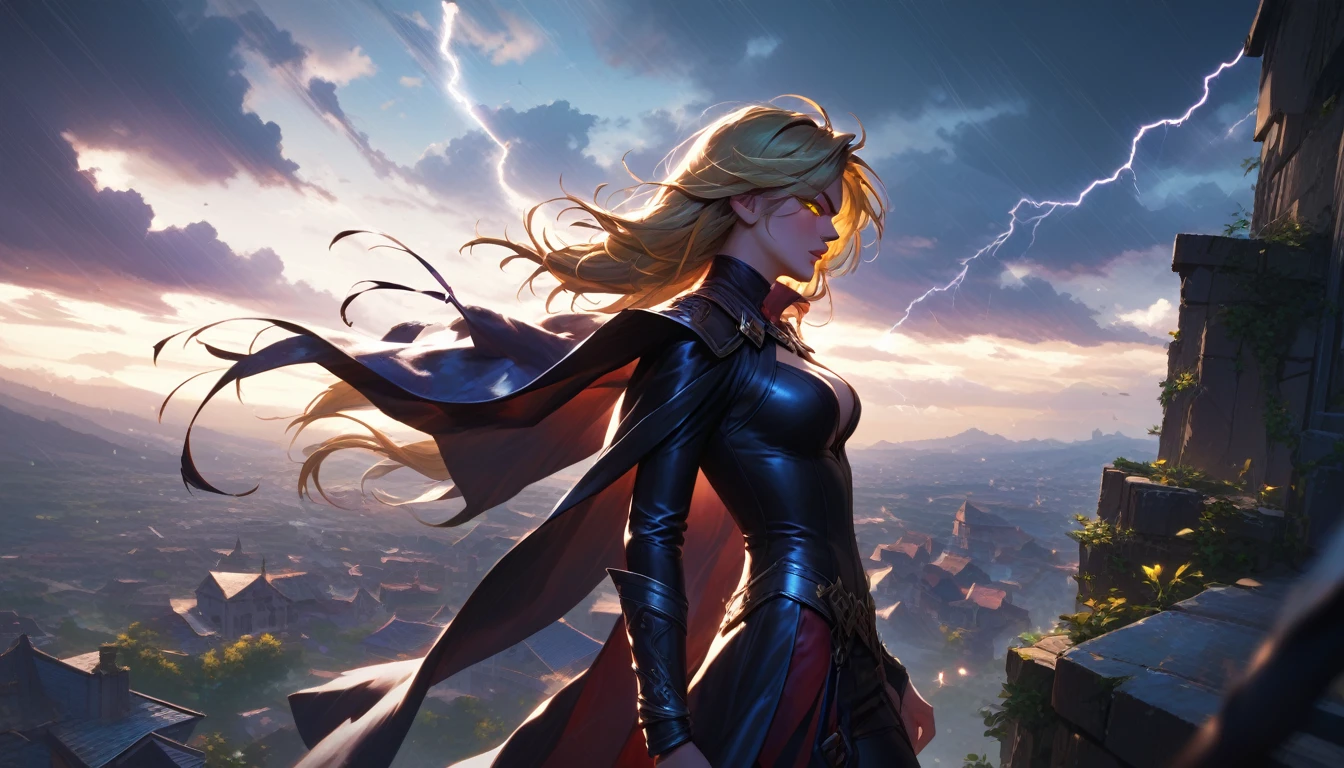 Anime, personality: [Illustrate a dramatic opening shot of a stormy sky, with dark swirling ominously. In the center, Aries, the Storm Witch, stands confidently atop a cliff, her long hair billowing in the wind. Her expression is fierce and determined, with glowing eyes that hint at her magical abilities. Lightning crackles around her hands, reflecting her mastery over the elements]